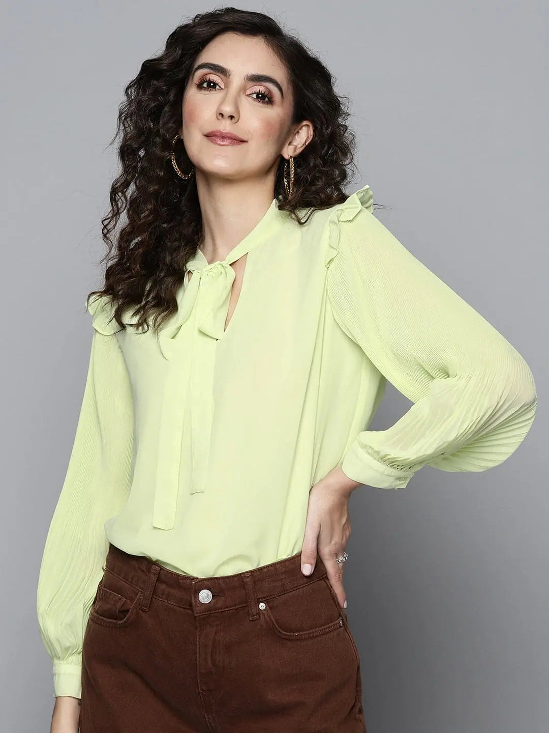 Sea Green Tie-Up Top - Women's Pleated Sleeve Designer Top