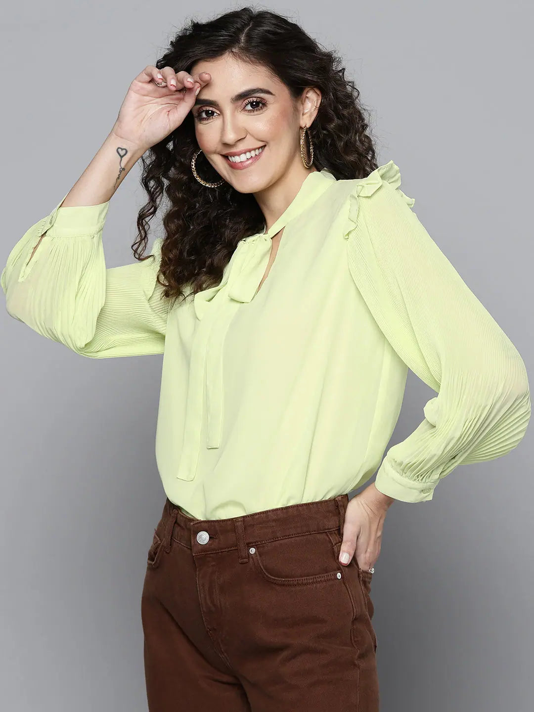 Sea Green Tie-Up Top - Women's Pleated Sleeve Designer Top