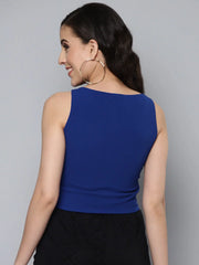 Women Royal Blue Front Twisted Knot Crop Top