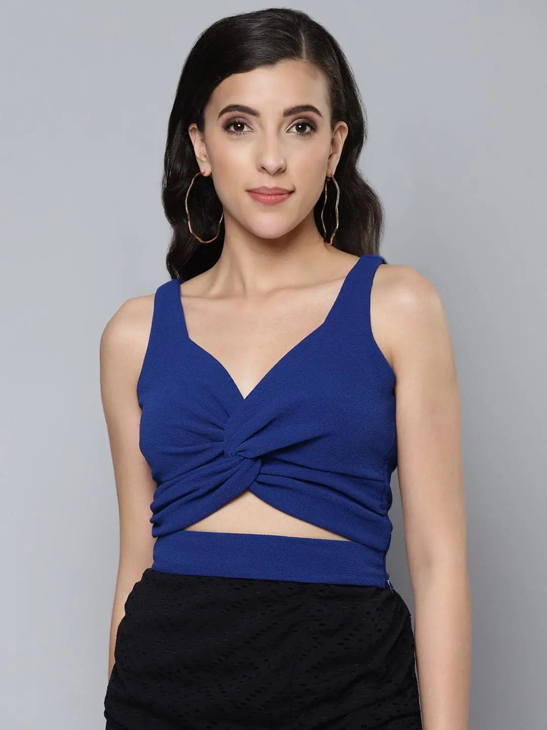 Royal Blue Twisted Crop Top - Front Knot Detail, Women's Fashion