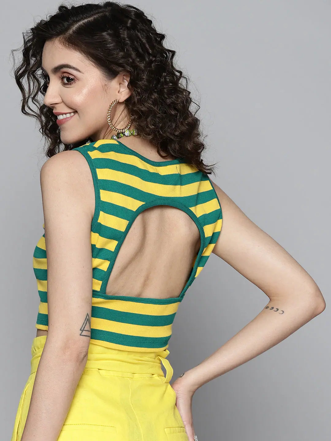 Green & Yellow Crop Top - Sweetheart Neckline, Ribbed Cotton