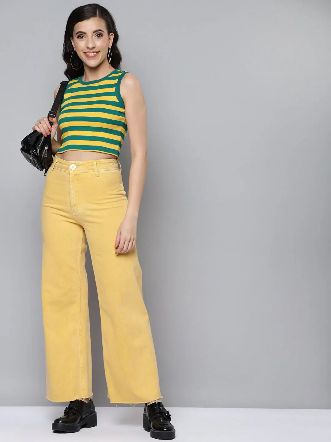 Green & Yellow Rib Crop Top | Sleeveless Women's Top