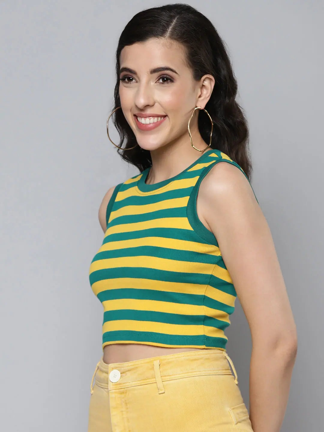 Green & Yellow Rib Crop Top | Sleeveless Women's Top