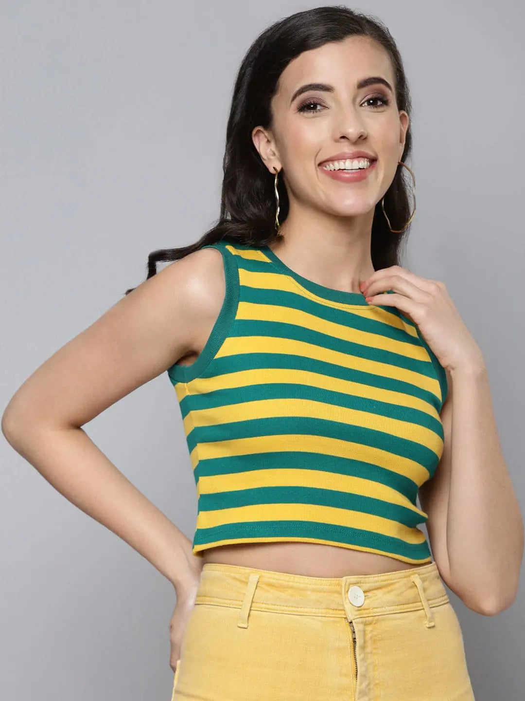 Green & Yellow Rib Crop Top | Sleeveless Women's Top