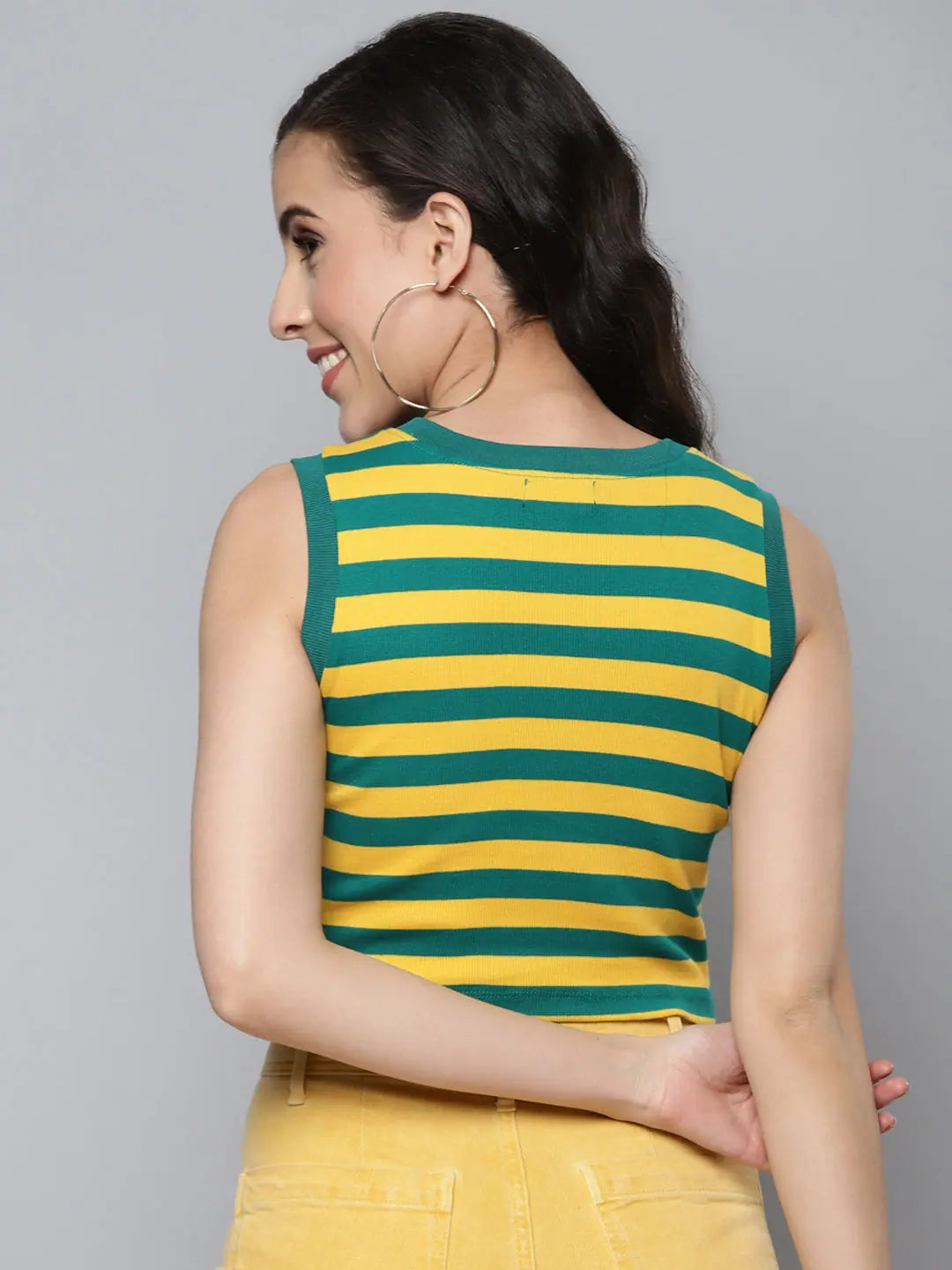 Green & Yellow Rib Crop Top | Sleeveless Women's Top