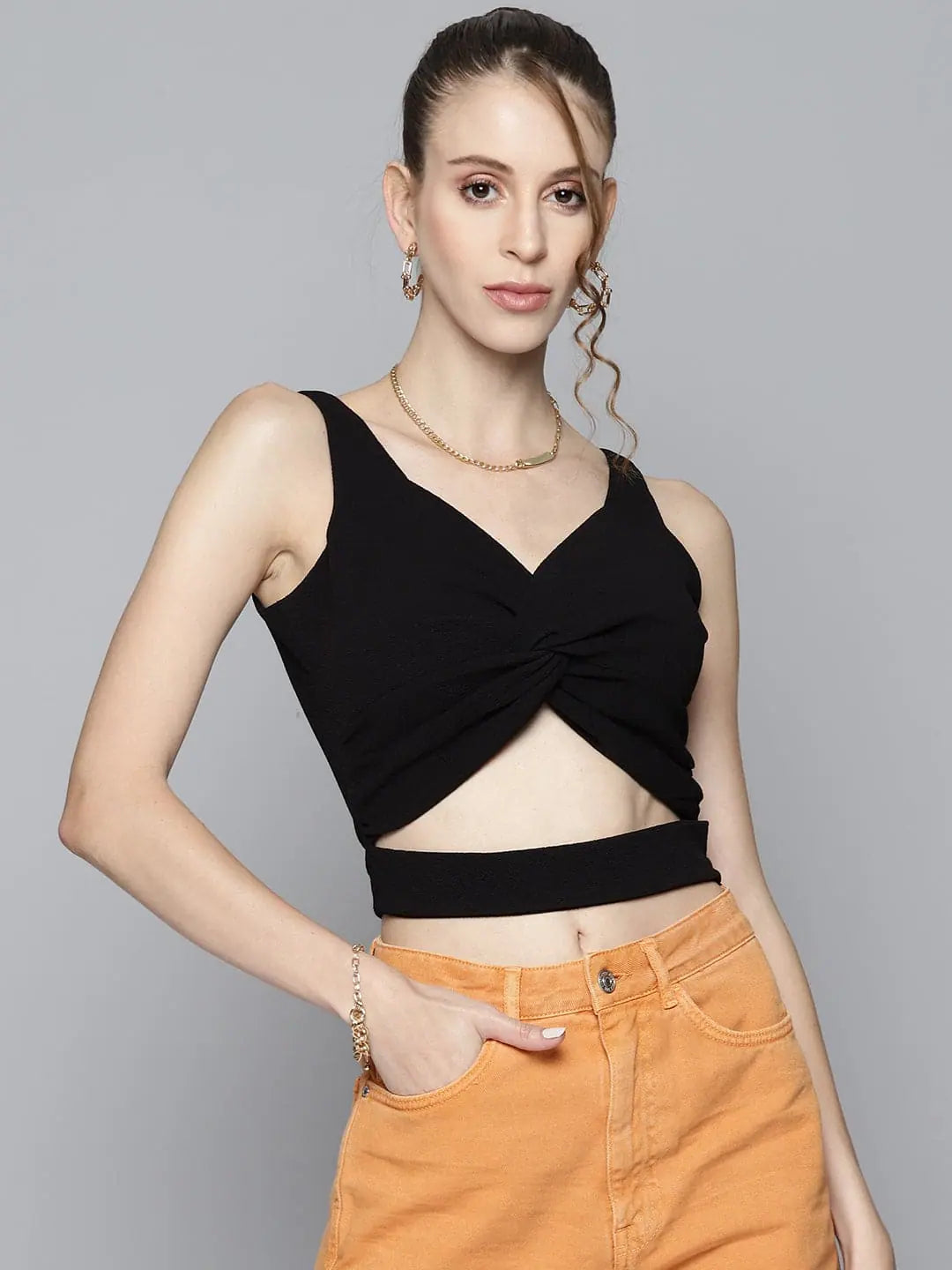 Women's Black Twist Front Crop Top | Trendy Cut-Out Top