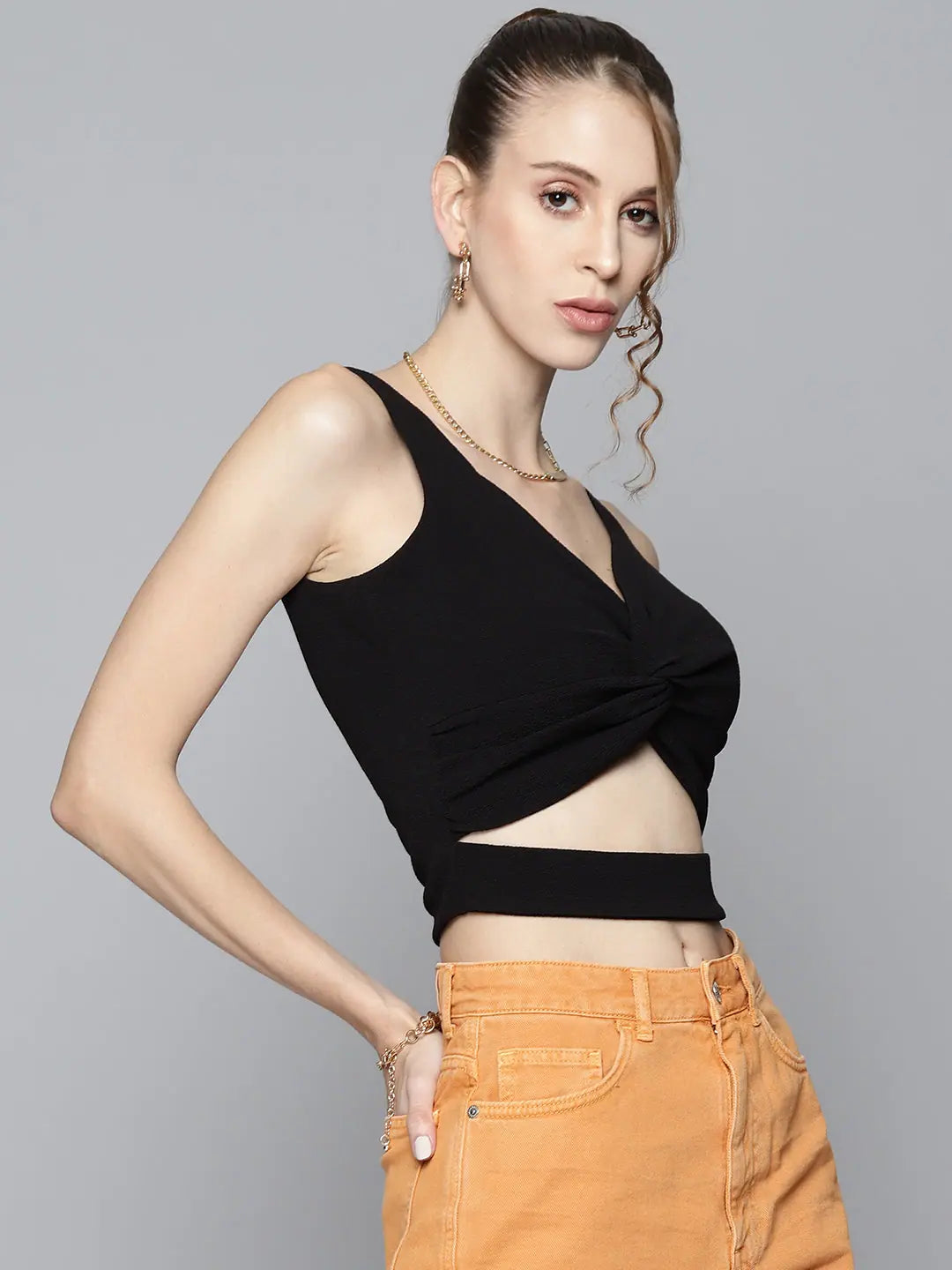 Women's Black Twist Front Crop Top | Trendy Cut-Out Top
