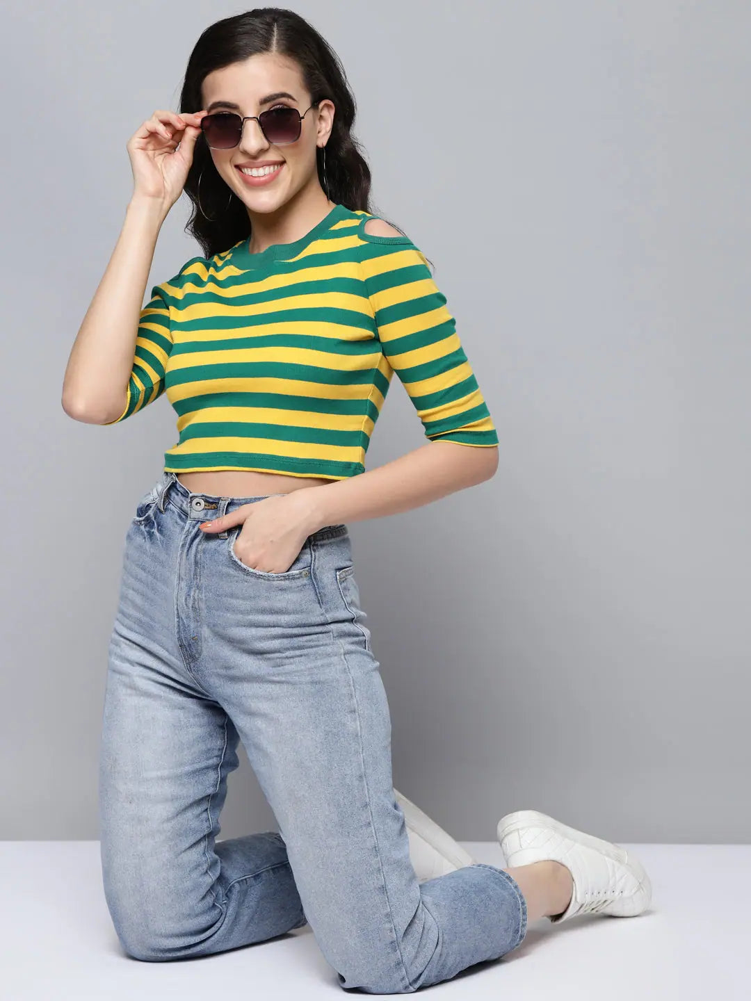 Green & Yellow Crop Top | Women's Striped Cold Shoulder Top