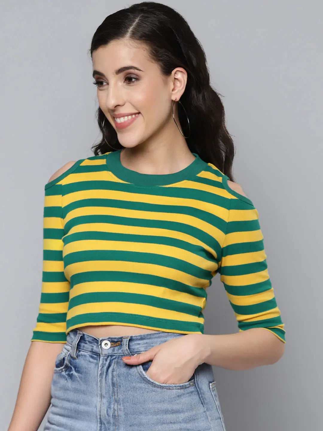 Green & Yellow Crop Top | Women's Striped Cold Shoulder Top