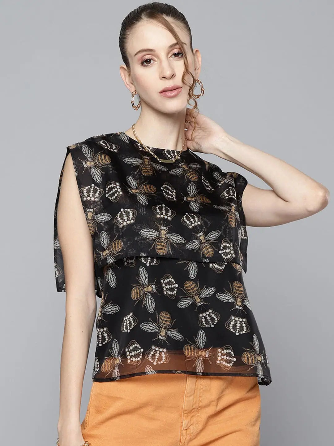 Black Beetle Print Sailor Top | Women's Fashion Top