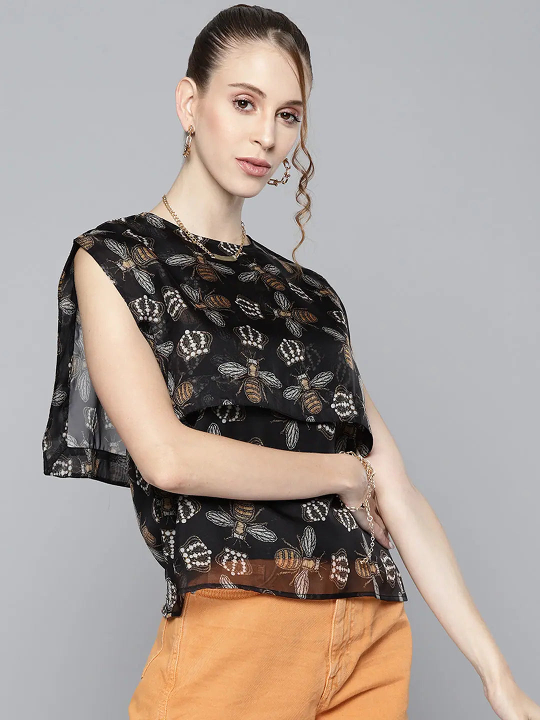 Black Beetle Print Sailor Top | Women's Fashion Top