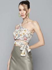 Women Off White Floral Shoulder Crop Top