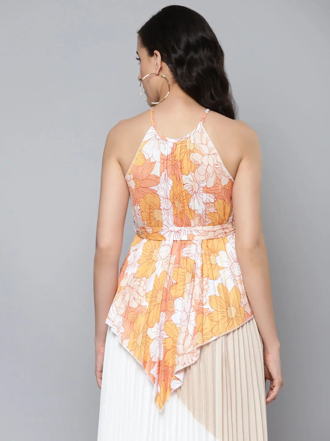 Mustard Floral Halter Top - Pleated Women's Top | Online