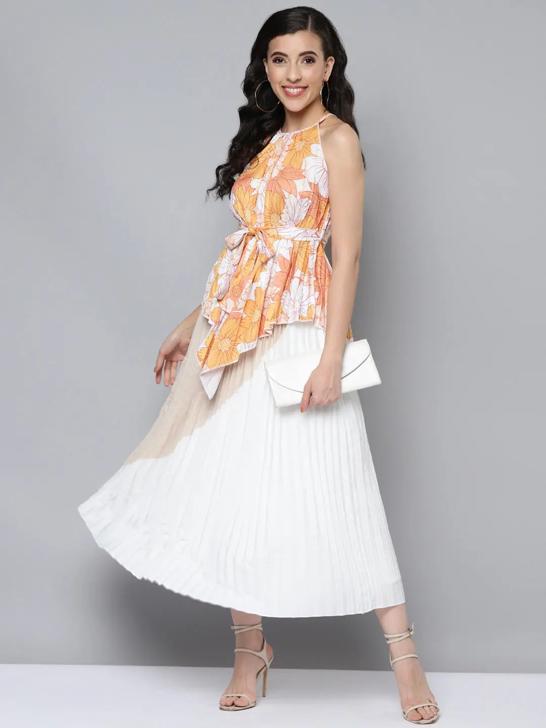 Mustard Floral Halter Top - Pleated Women's Top | Online