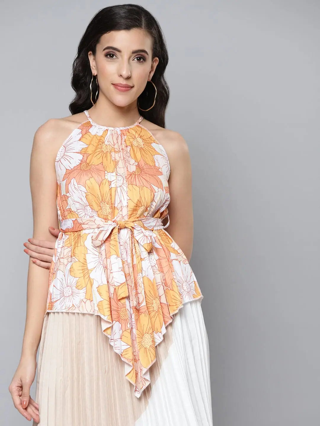 Mustard Floral Halter Top - Pleated Women's Top | Online