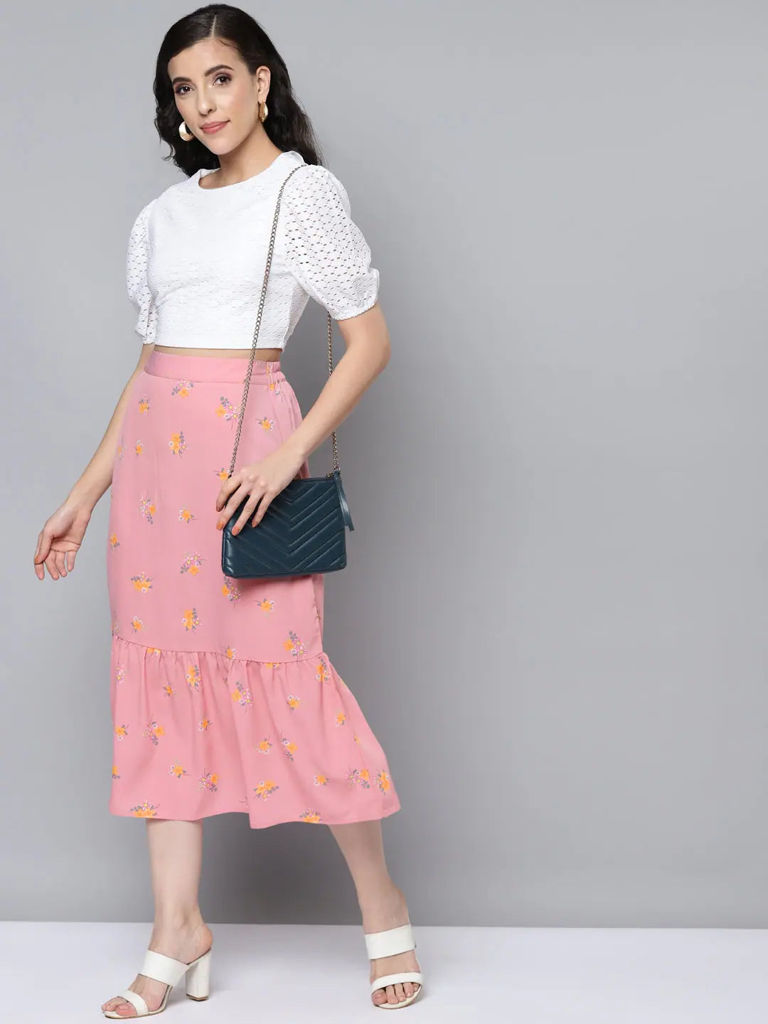 Pink Floral Frill Hem Skirt - Women's Western Outfits