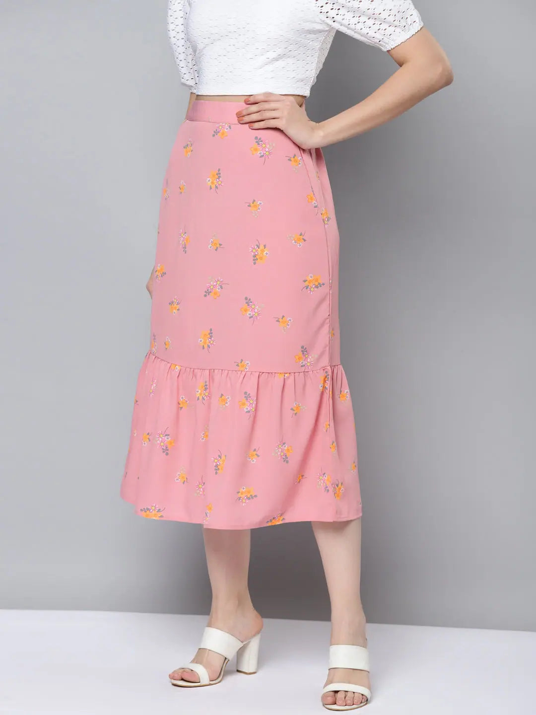 Pink Floral Frill Hem Skirt - Women's Western Outfits