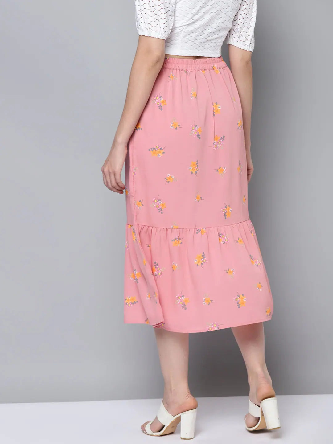 Pink Floral Frill Hem Skirt - Women's Western Outfits