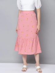 Women Pink Floral Frill Hem Skirt
