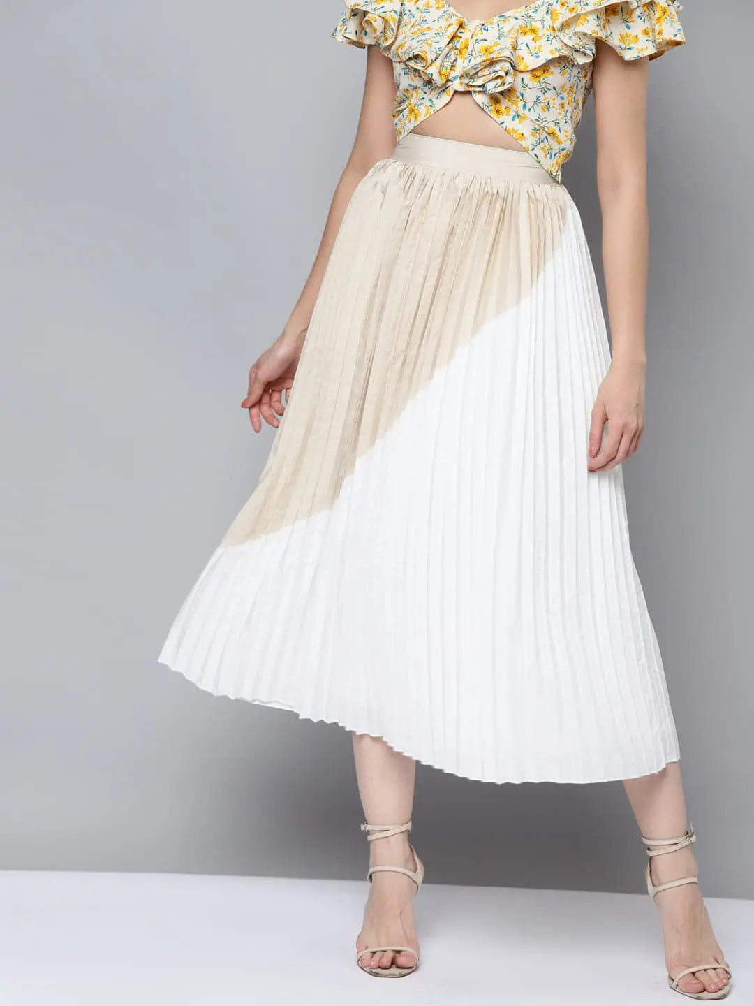 Beige & White Colour Block Pleated Lehenga for Women