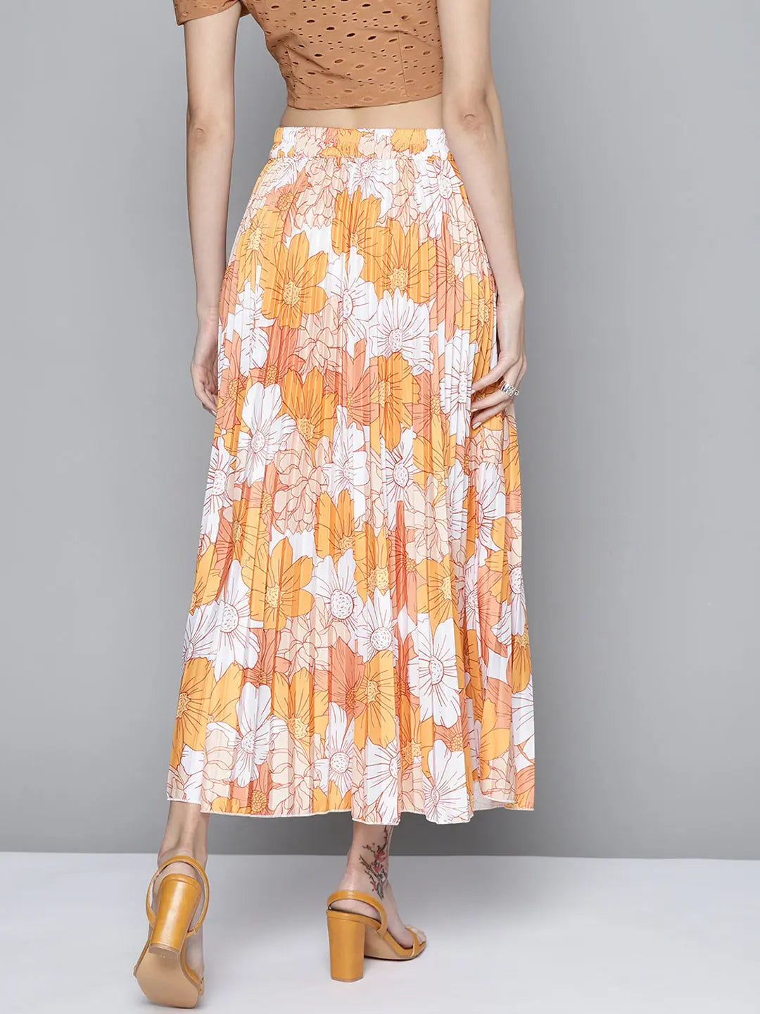 Mustard Floral Pleated Skirt - Women's Western Clothing