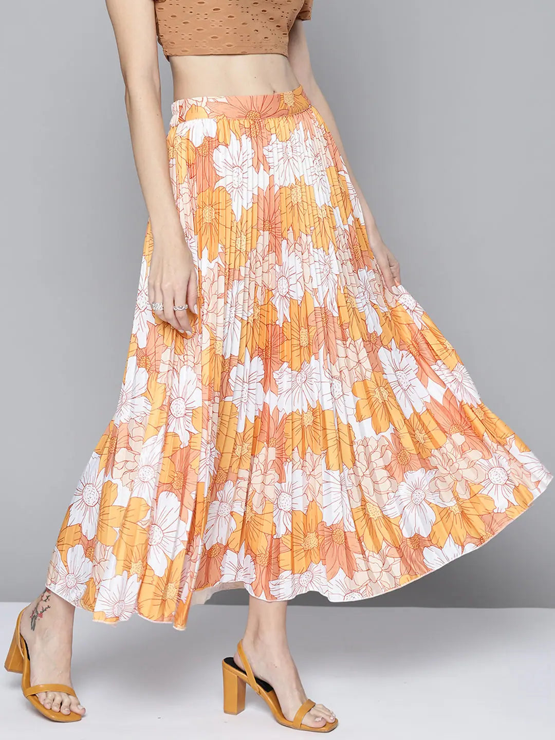 Mustard Floral Pleated Skirt - Women's Western Clothing