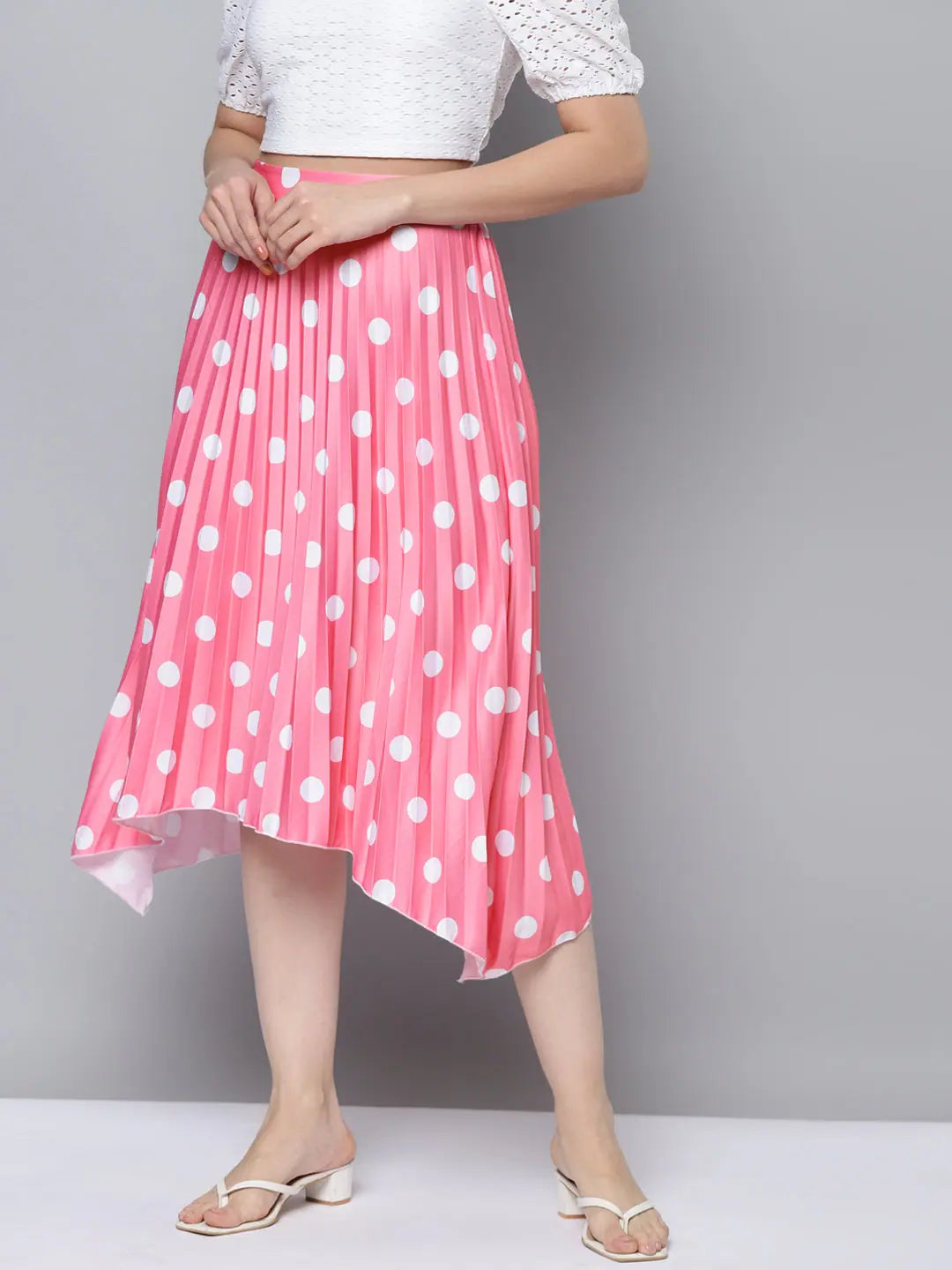 Pink Polka Dot Pleated Skirt - Women's Western Wear