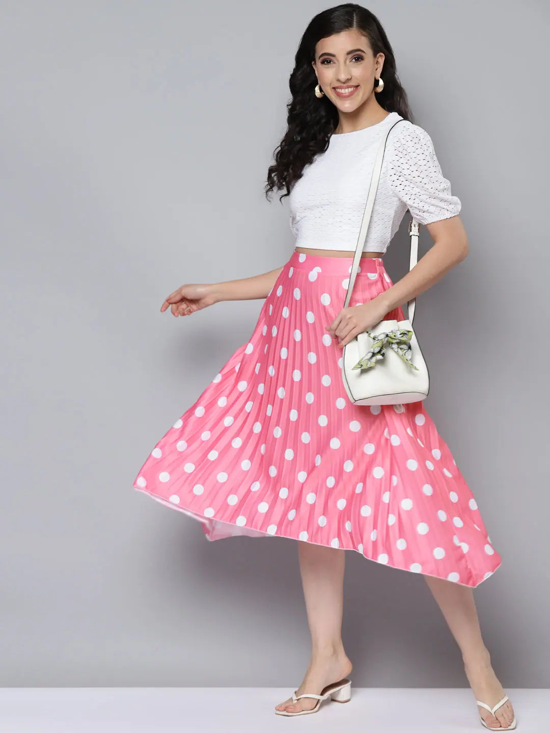 Pink Polka Dot Pleated Skirt - Women's Western Wear