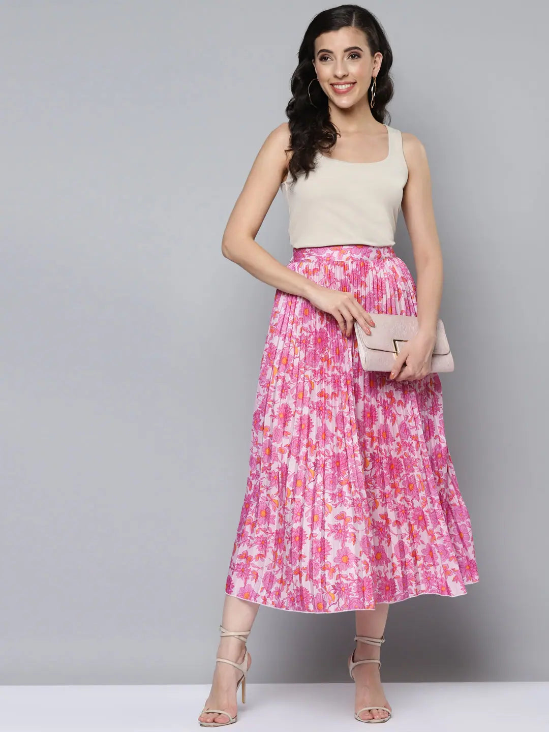 Pink Floral Pleated Skirt - Stylish Women's Western Wear