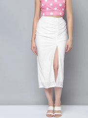 Women White Schiffli Side Ruched Skirt