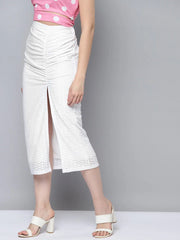 Women White Schiffli Side Ruched Skirt