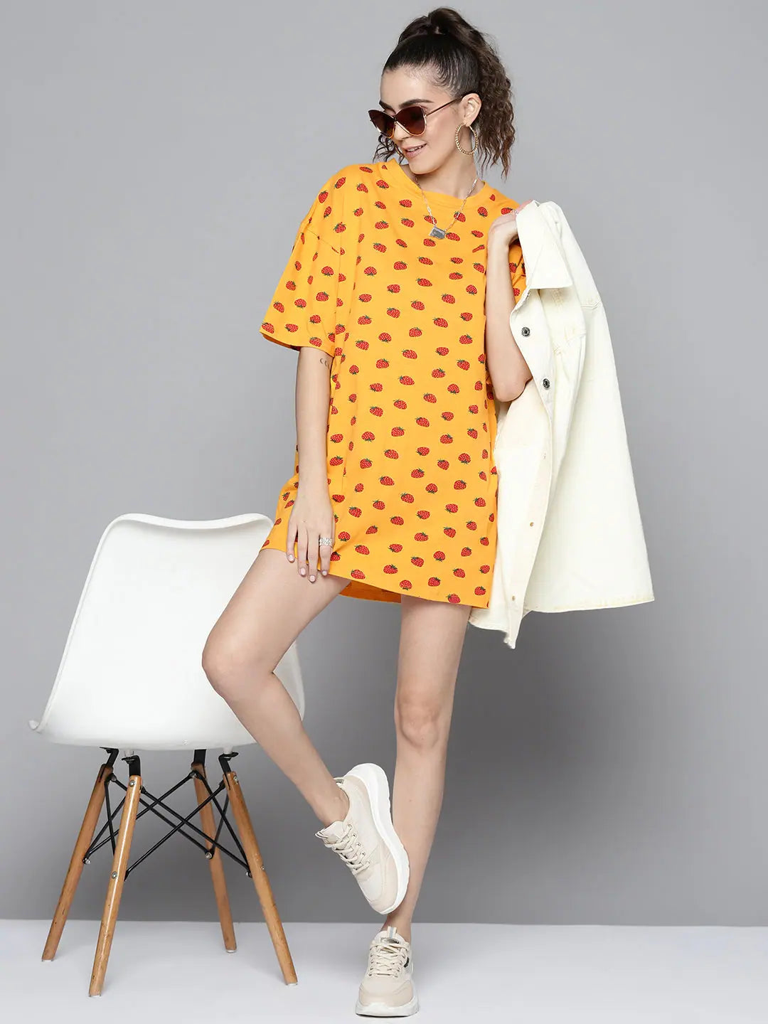 Mustard Strawberry T-Shirt Dress | Comfort Fit & Cotton