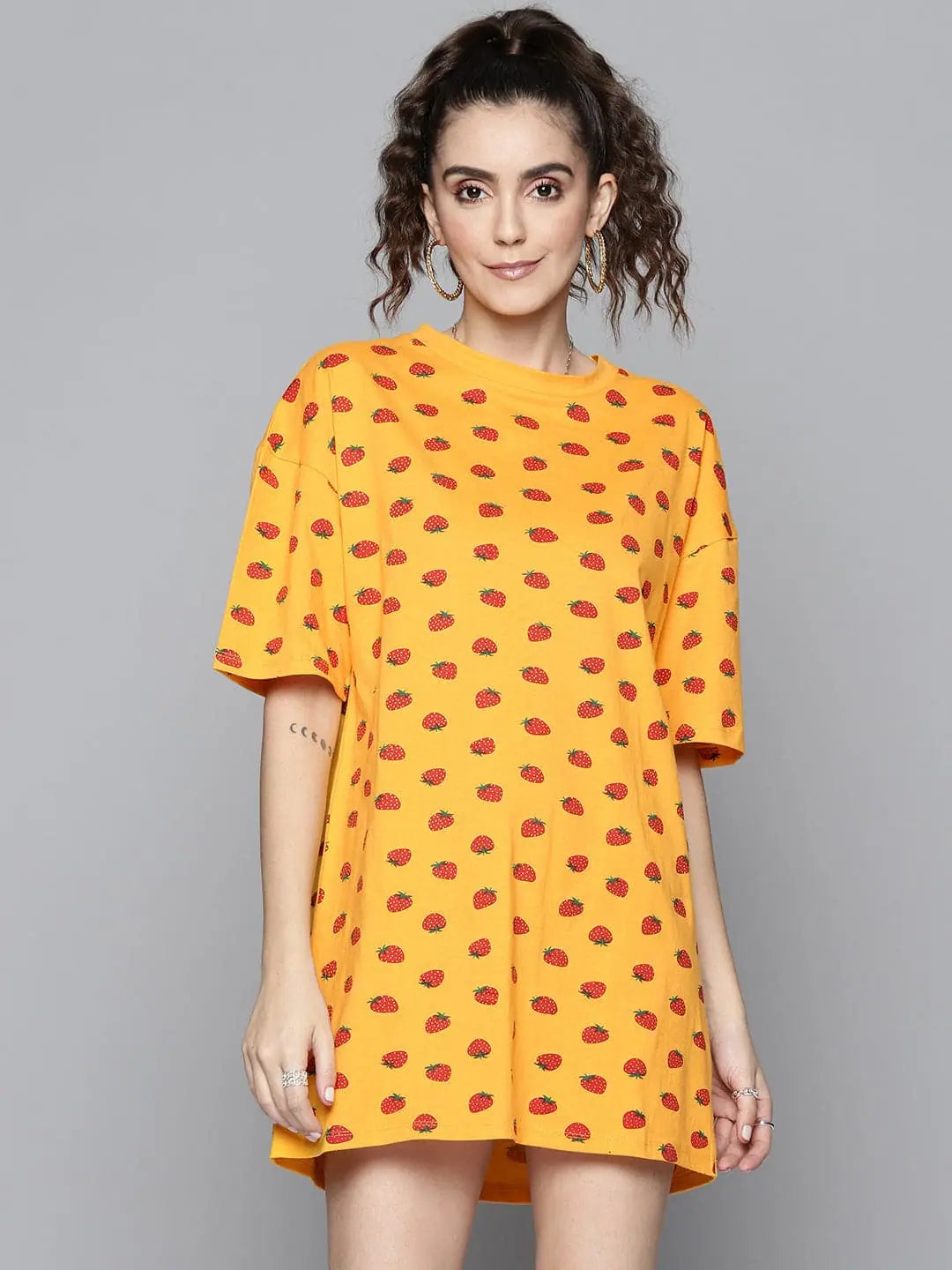 Mustard Strawberry T-Shirt Dress | Comfort Fit & Cotton
