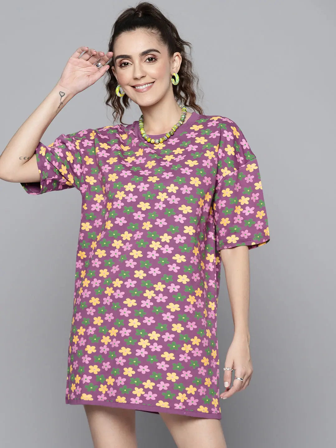Purple Floral T-Shirt Dress | Printed Lehenga for Women
