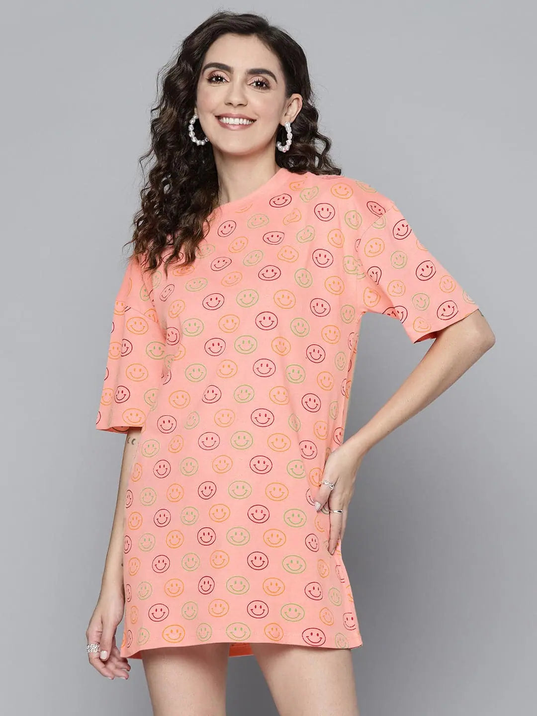 Pink Smiley T-Shirt Dress | Casual Ethnic Lehenga Style