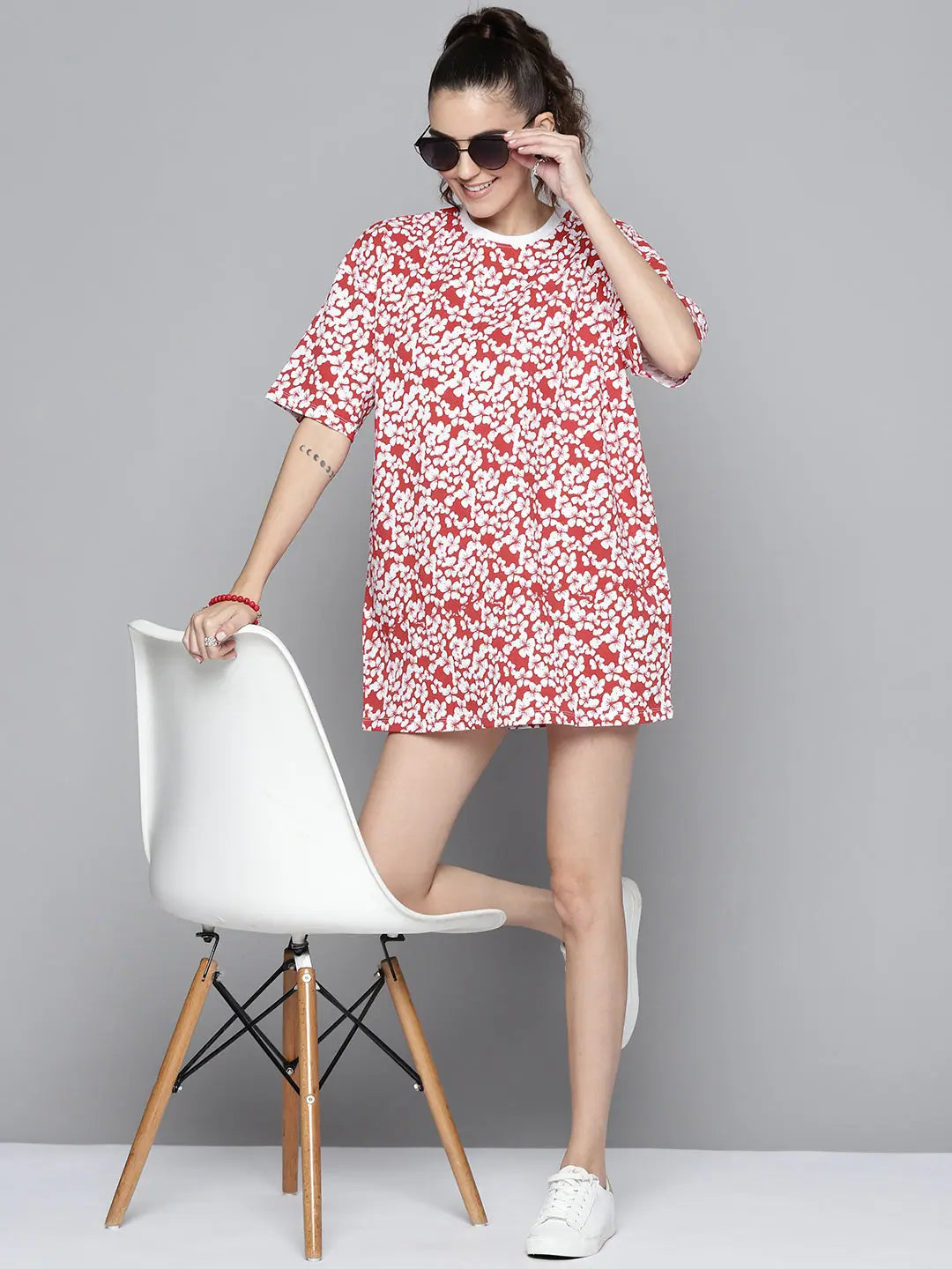 White Floral T-Shirt Dress - Casual Women's Ethnic Fashion