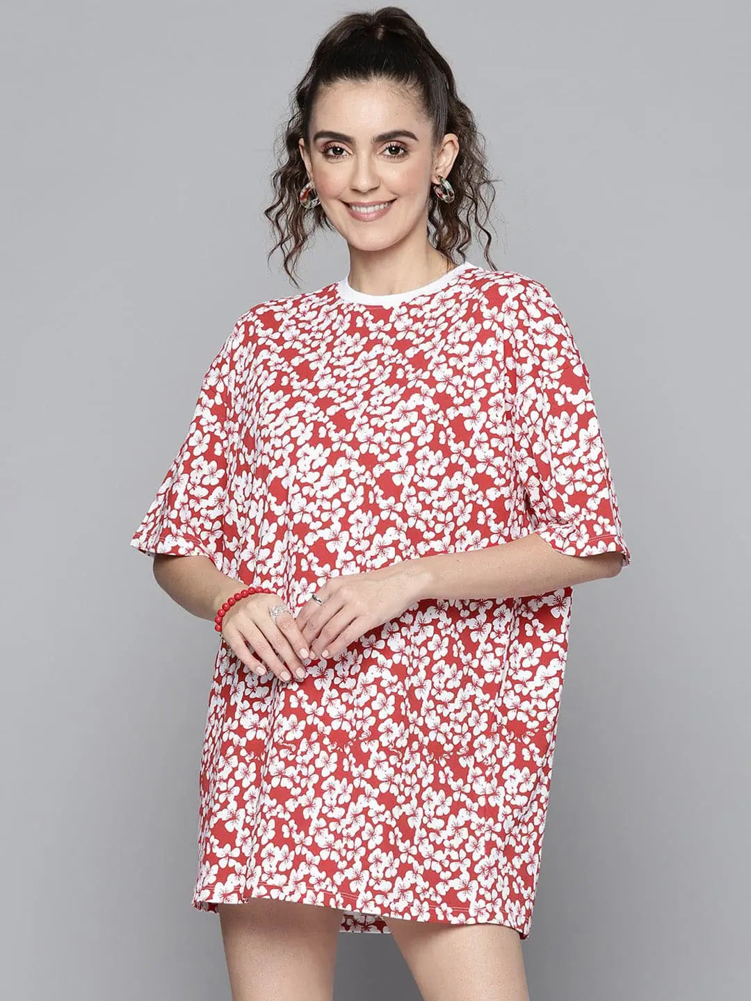 White Floral T-Shirt Dress - Casual Women's Ethnic Fashion