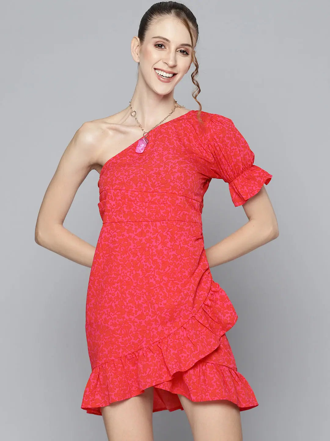 Fuchsia Floral Dress | Women's One Shoulder Frill Mini