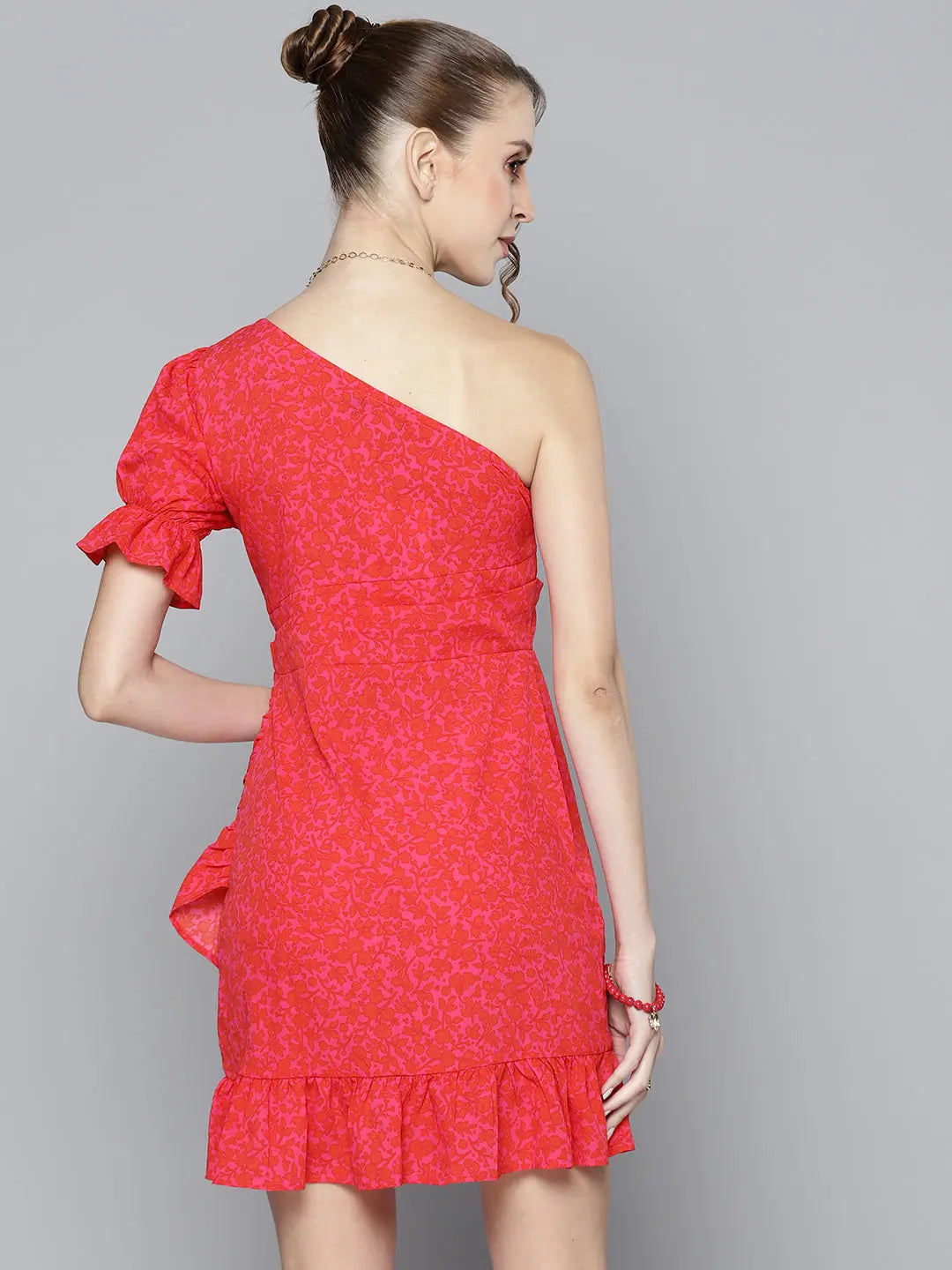 Fuchsia Floral Dress | Women's One Shoulder Frill Mini