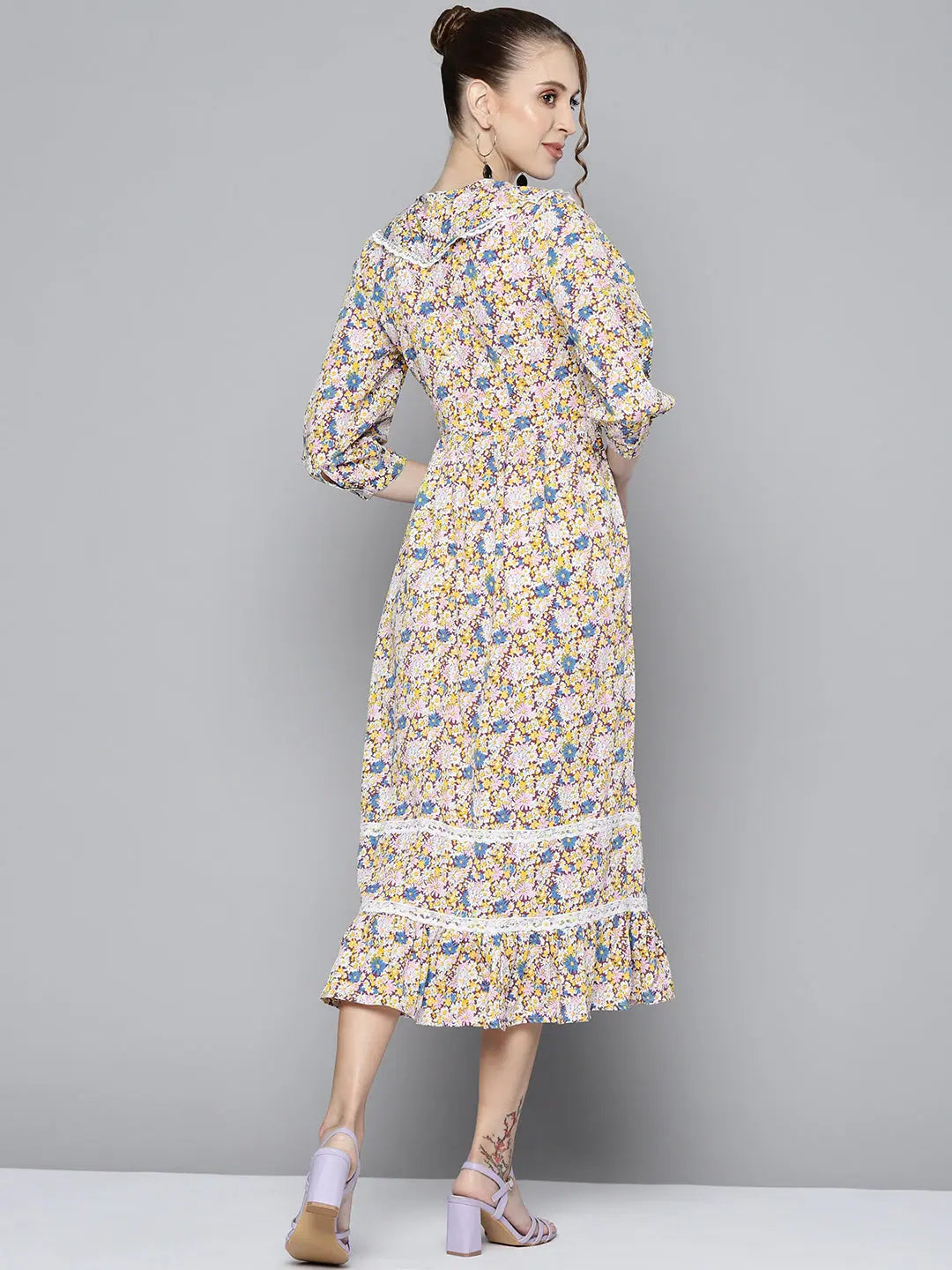 White Floral Midi Dress | Women's Frill Hem Fit & Flare