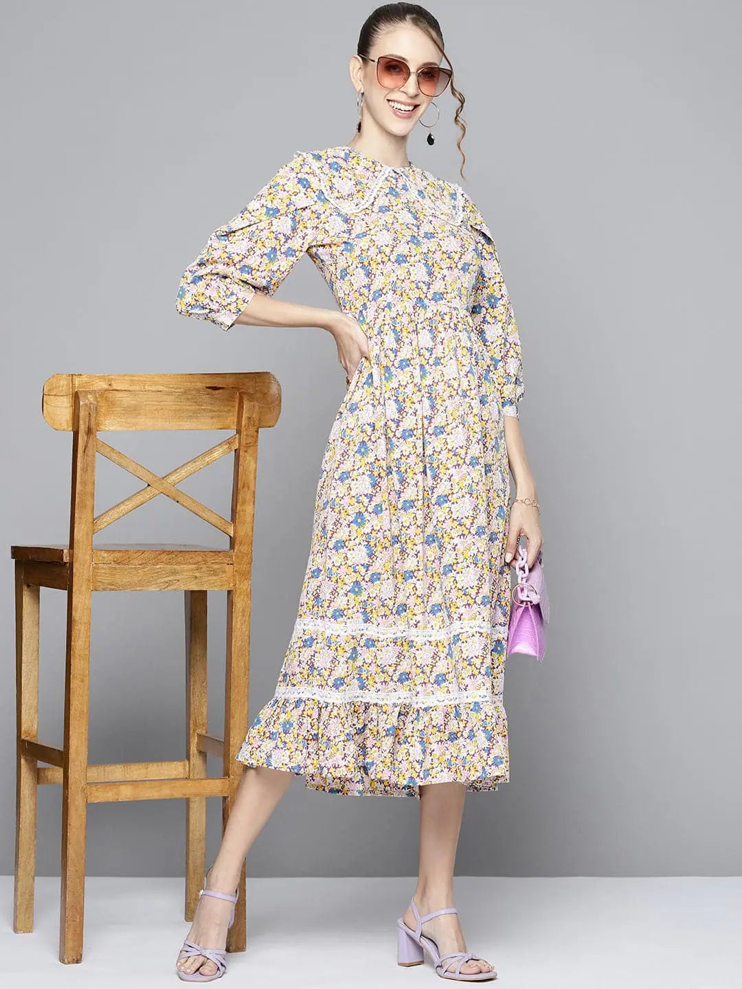 White Floral Midi Dress | Women's Frill Hem Fit & Flare