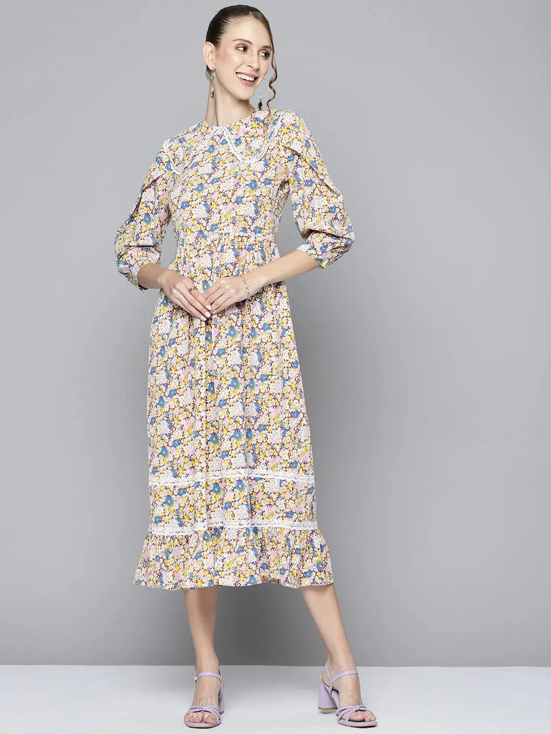 White Floral Midi Dress | Women's Frill Hem Fit & Flare