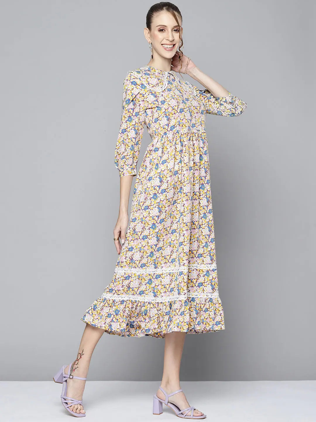 White Floral Midi Dress | Women's Frill Hem Fit & Flare