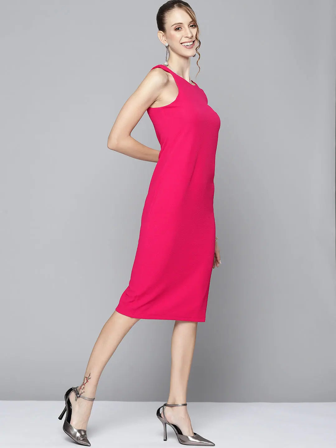 Fuchsia Bodycon Dress | Women's One-Sleeve Midi Dress Online