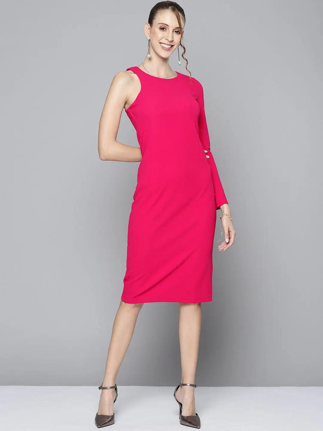 Fuchsia Bodycon Dress | Women's One-Sleeve Midi Dress Online
