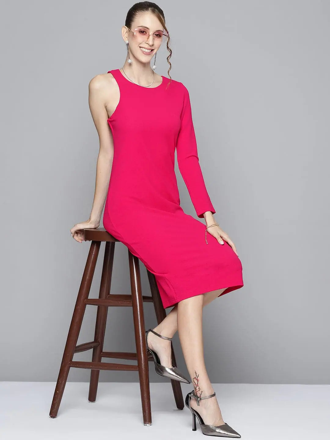 Fuchsia Bodycon Dress | Women's One-Sleeve Midi Dress Online