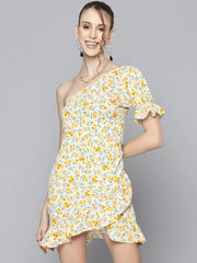 Women Off White Floral One Shoulder Frill Short Dress