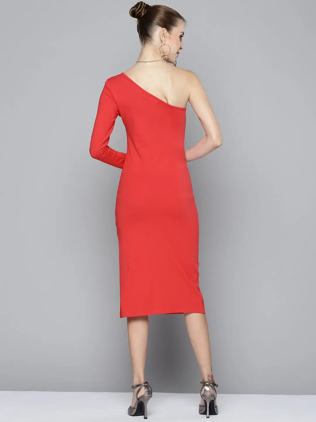 Red One Shoulder Bodycon Dress - Women's Party Wear Lehenga Look