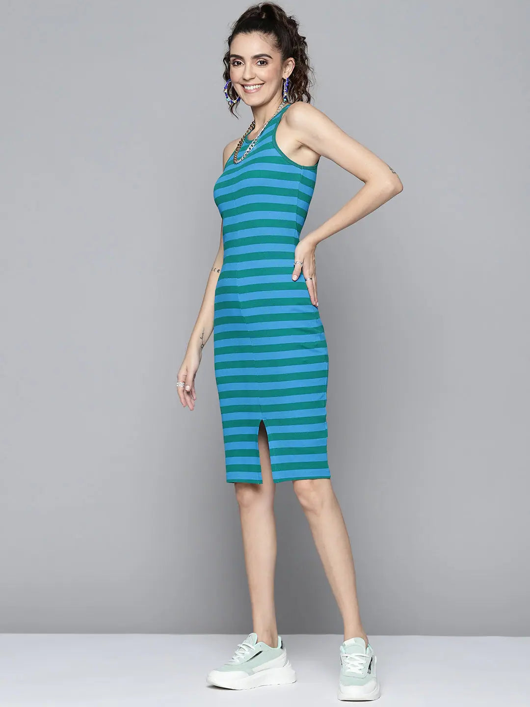 Green & Blue Striped Bodycon Dress - Women's Ribbed Below Knee