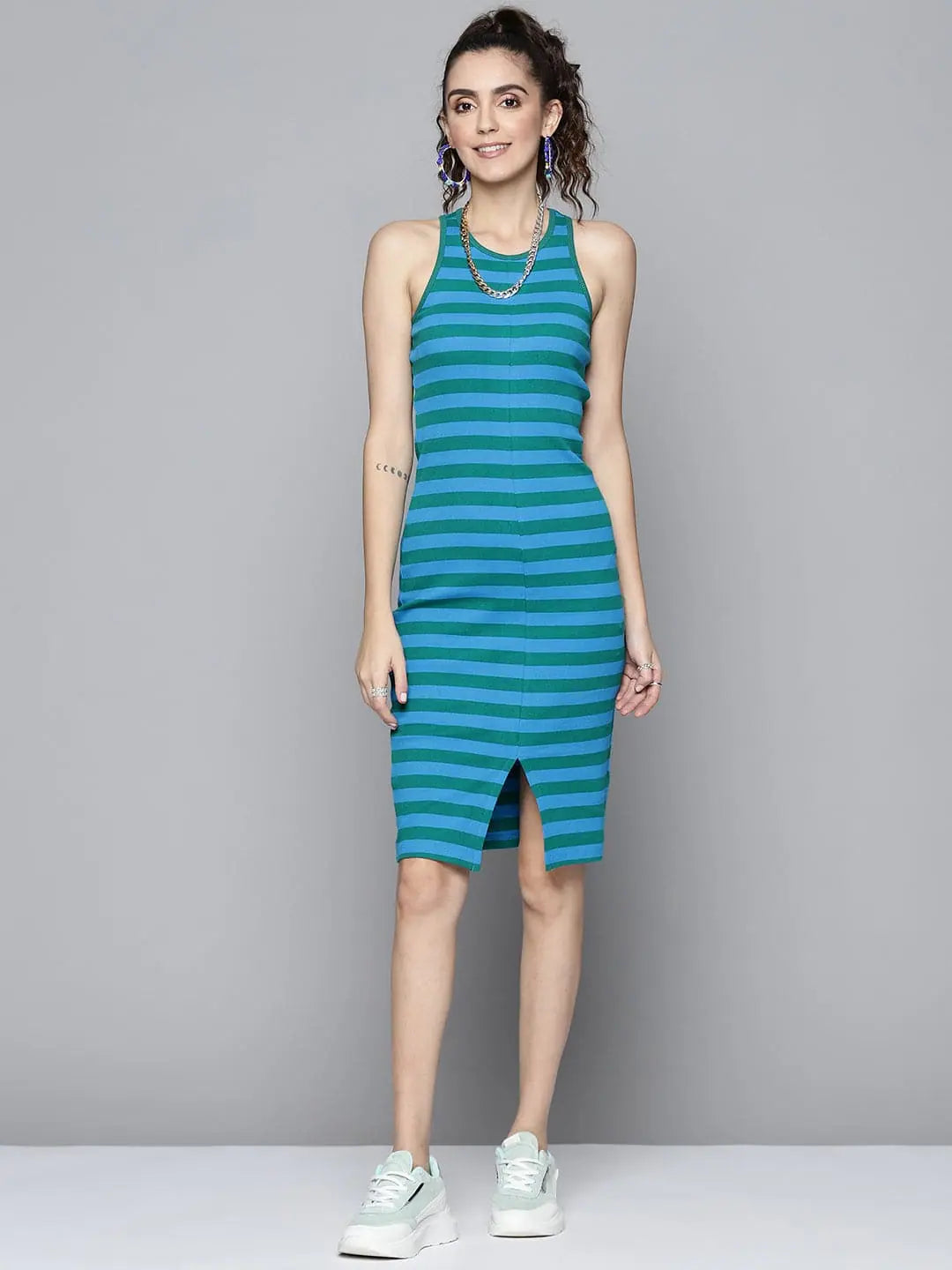 Green & Blue Striped Bodycon Dress - Women's Ribbed Below Knee